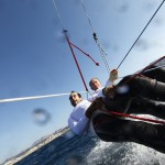 49 er pair Manu Dyen and Stephane Christidis training during a sunny and windy day in Marseille, France.