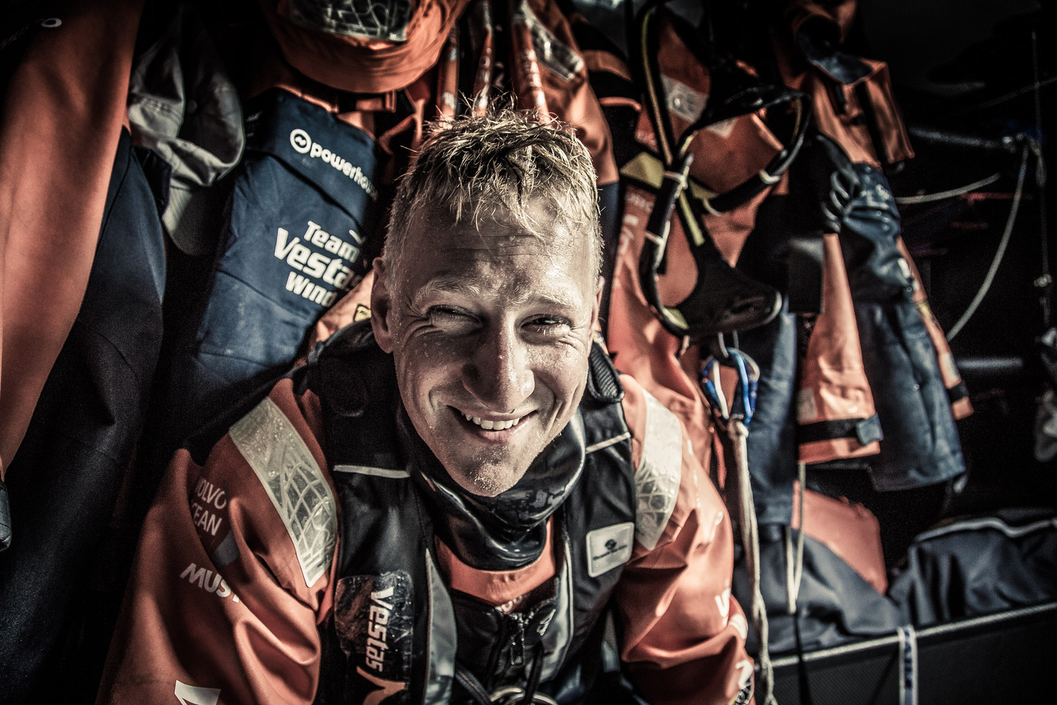 Winds are still in the high 20's and life aboard is proving difficult. Peter Popp Wibroe still has a smile for the camera.