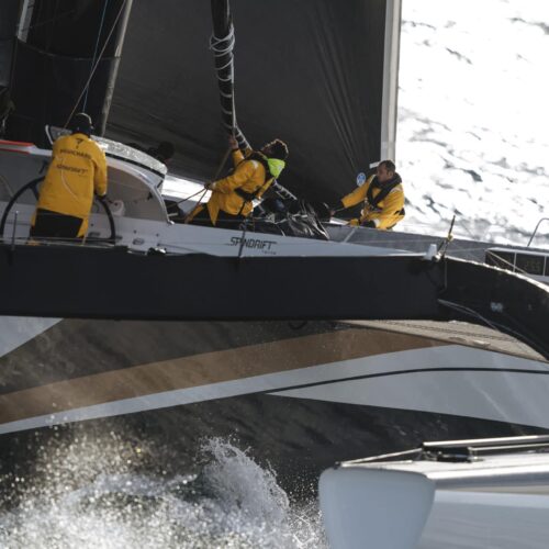 OUESSANT, FRANCE, JANUARY 16th 2019: Spindrift racing at the start of the Jules Verne Trophy.